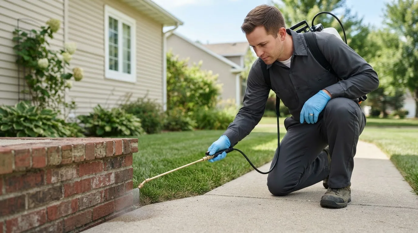Pest control technician treating a home near Congerville, IL