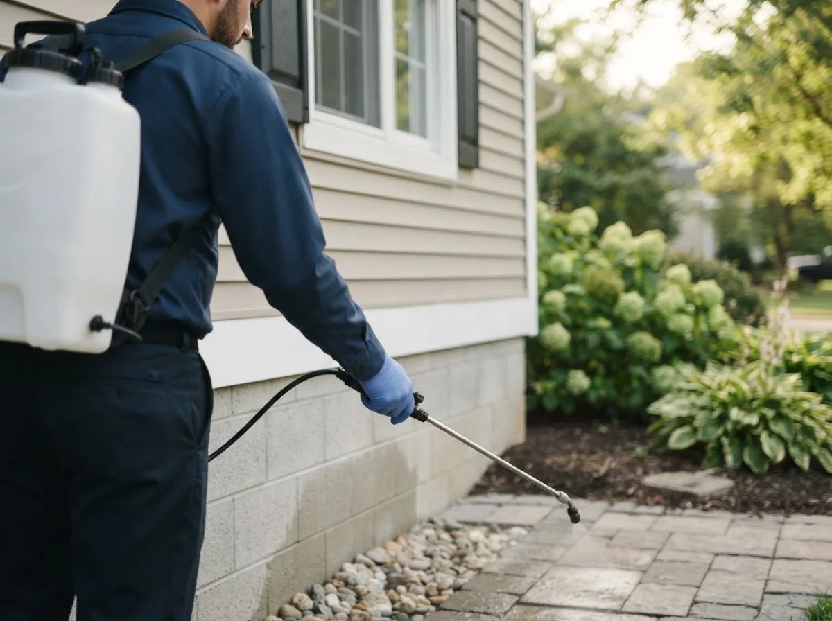 Pest control technician inspecting a home in Congerville, IL